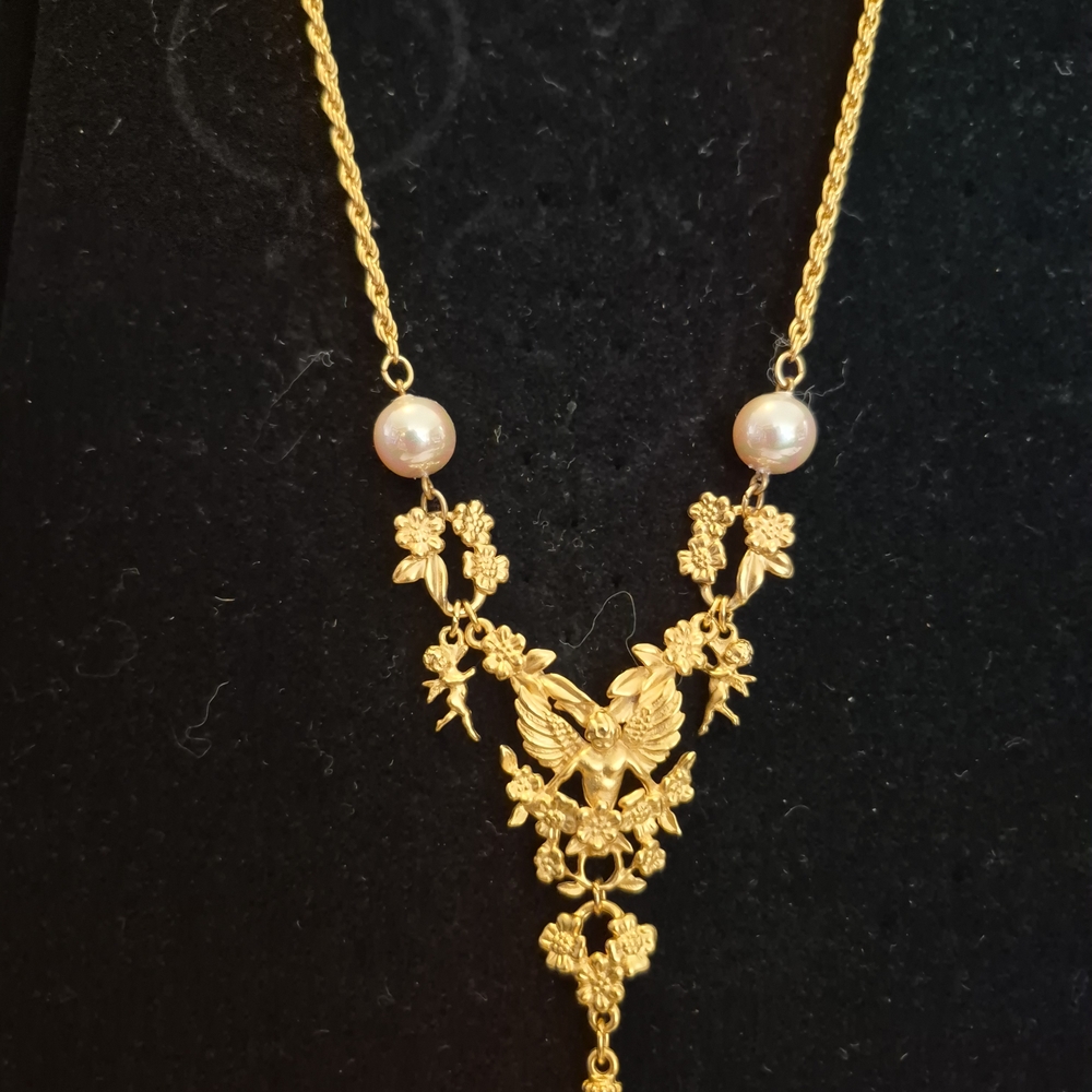 Angel Cherub 28-inch Necklace and Pierced Earring Set with Pearls - Picture 6 of 10